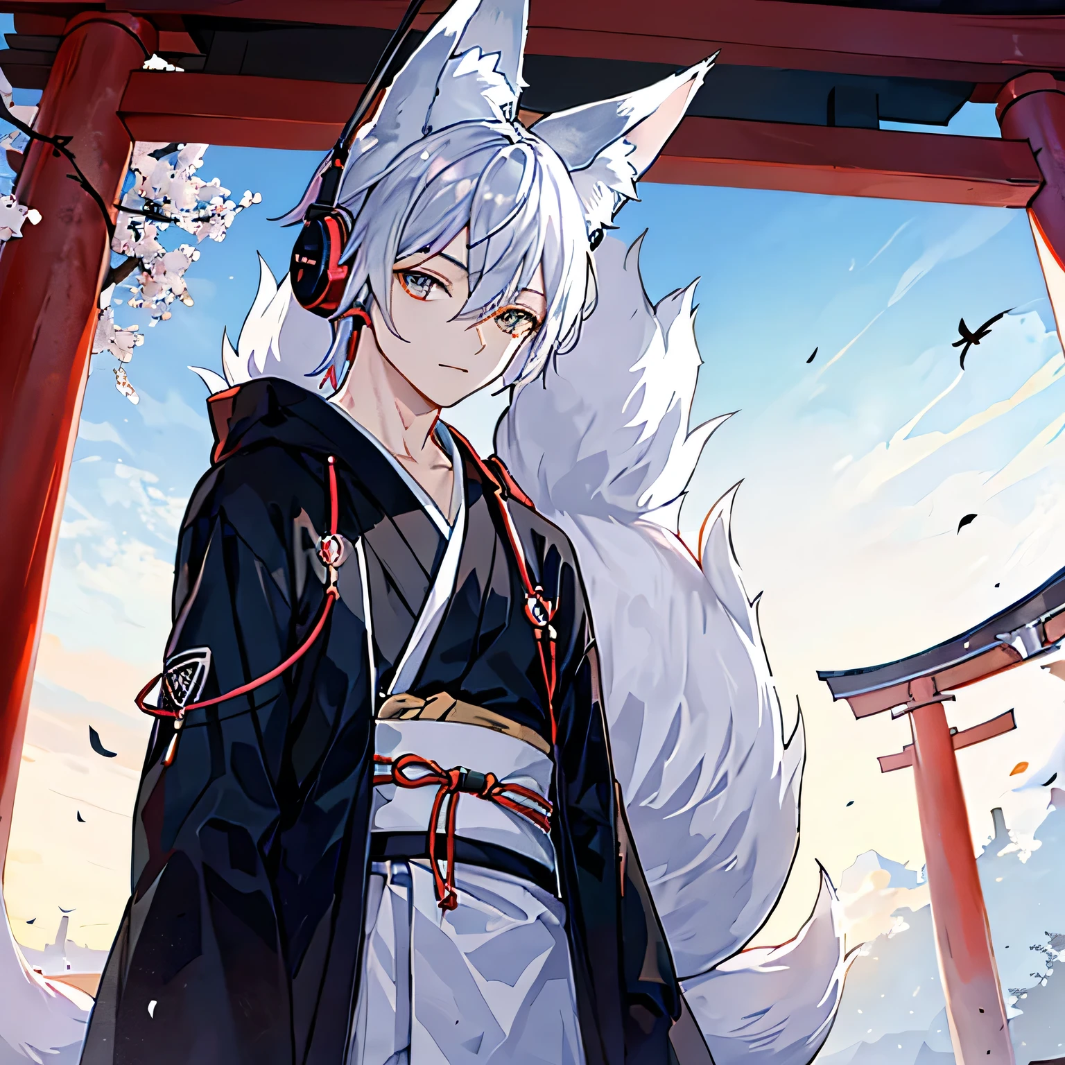 handsome、Listening to music with headphones in front of the torii gate、one person、((male))、((Fox ears))、Silver Hair、Fox ears、Fox&#39;s Tail、kimono、Japan、Lo-fi anime style
