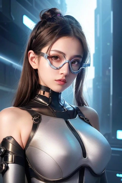 Close-up of a woman in a futuristic off-the-shoulder outfit with goggles on her head, Fantasy Artwork, Attention to detail, Cyberpunk art、8k、RAW Photos、highest quality、Real、Photorealistic、Professional Lighting、mix4、20d、Beautiful Teenage Woman、Japanese、1 female、Big beautiful eyes、Larger breasts、whole body、