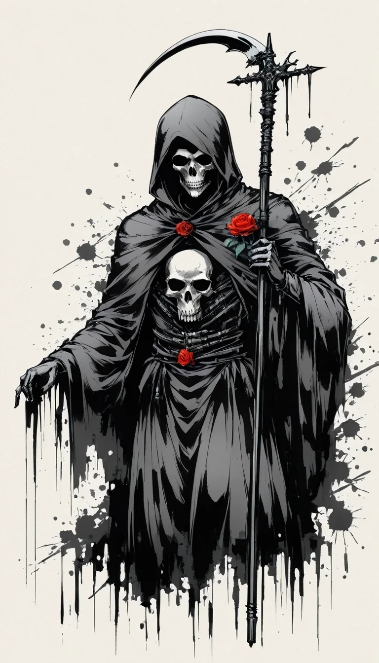 (Anime line drawing:1.5)，grim Reaper，(Black and White:1.45)，Minimalism，(Line Art:1.6)，sketch，charcoal drawing，Black Grim Reaper，Rose，Ominous Red，Blood splatter