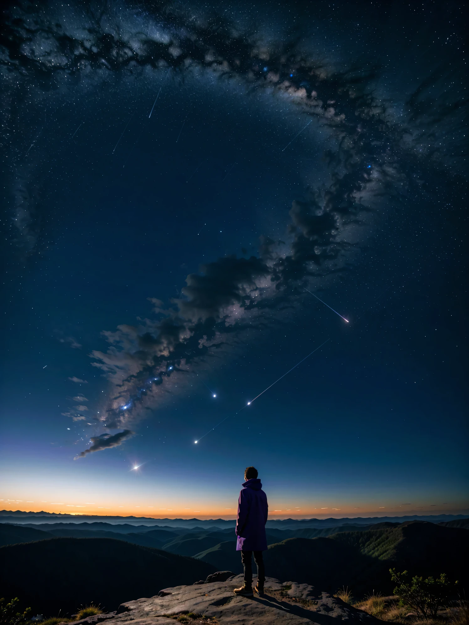 one person,Standing on the mountain and looking up at the starry sky,Alien landscape purple blue magenta tones, Rings surrounding a planet visible in the night sky, A night sky with stars