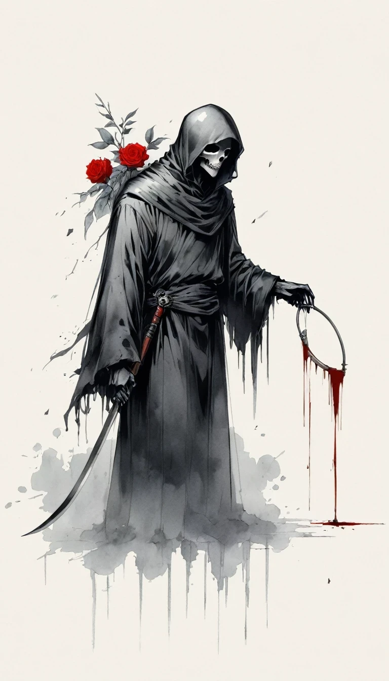 (Anime line drawing:1.5),grim Reaper,(Black and White:1.45),Minimalism,(Line Art:1.6),sketch,charcoal drawing,Black Grim Reaper,Rose,Ominous Red,Blood splatter
