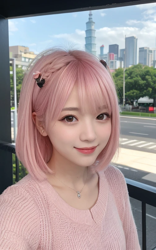 highest quality, shape, Very detailed, finely, High resolution, 8k wallpaper, 完璧なダイナミックな構shape, finelyて美しい目, Wearing a pale pink knit,Medium Hair,Natural color lip, smile,Harajuku、Girls in their 20s、cute、Looking into the camera、Pink Hair、The background is a cityscape、Taiwanese woman、fine