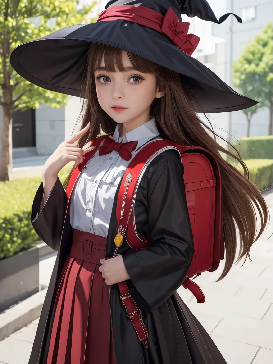 (masterpiece:1.6, best quality), (finely detailed beautiful eyes: 1.2),   realistic, cosplayer, 1girl, solo, witch hat, long hair, black headwear, brown eyes, collared shirt, hair between eyes, white collared shirt, ribbon, red ribbon, bangs, neck ribbon, bow, witch, open clothes, blush, anime coloring, hood, jewelry, floating hair, shiny hair, bowtie, black robe, wing collar, open robe, red pleated skirt, brown hair, dress shirt, standing, upper body, looking at viewer, wearing school backpack, (backpack:1.2), red backpack, outdoor, fullbody, wear black booys, white socls