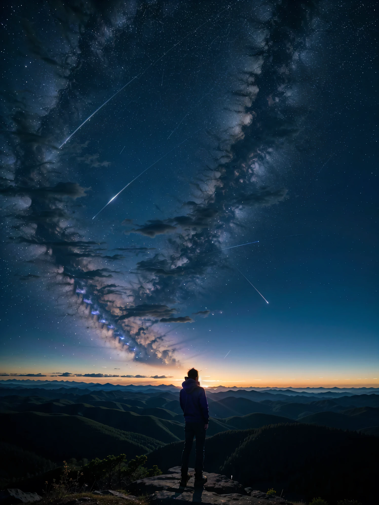 one person,Standing on the mountain and looking up at the starry sky,Alien landscape purple blue magenta tones, Rings surrounding a planet visible in the night sky, A night sky with stars