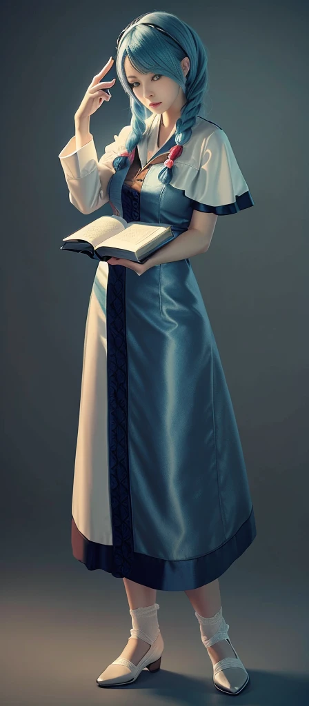 Blue Hair Surrealism, Character table, Reference Table, Standing painting, 8k, Super Detail, 1080P, Women HD, 4K, 8k, 16k, high resolution, best quality, high quality, Anatomically correct, masterpiece, precise, Ultra HD,grace,Unreal Engine,Delicate face,Long braids,slim,Long legs,miniskirt
