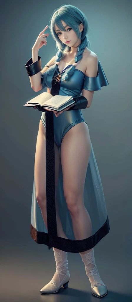 Blue Hair Surrealism, Character table, Reference Table, Standing painting, 8k, Super Detail, 1080P, Women HD, 4K, 8k, 16k, high resolution, best quality, high quality, Anatomically correct, masterpiece, precise, Ultra HD,grace,Unreal Engine,Delicate face,Long braids,slim,Long legs,miniskirt