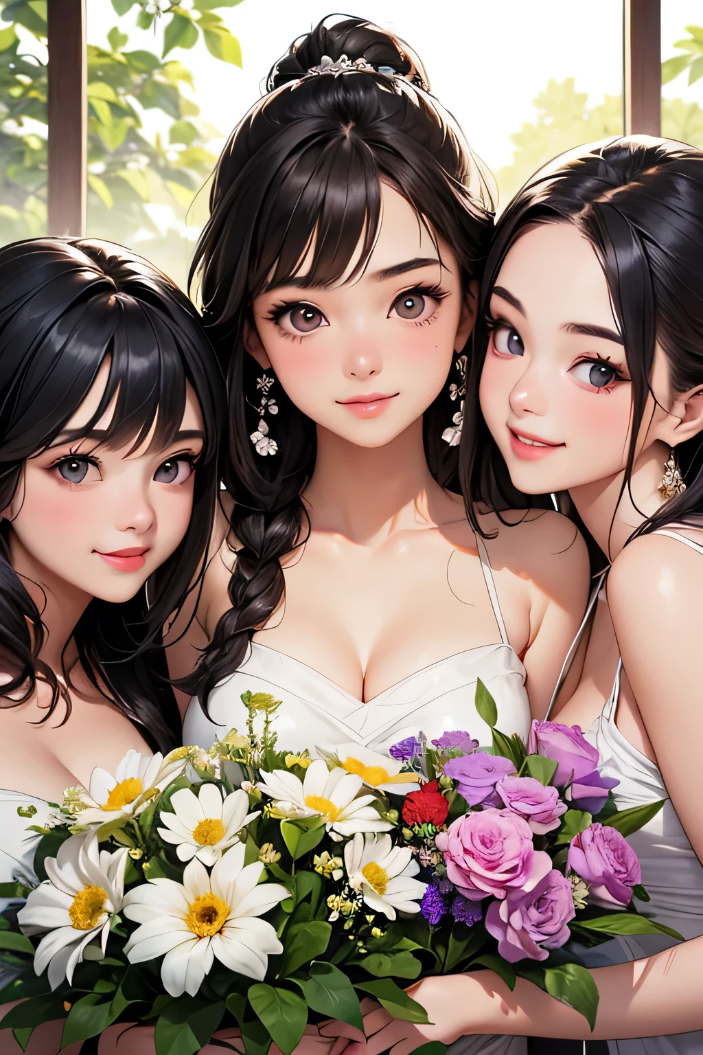 highest quality、High resolution、Detailed Background、(Beautiful face in every detail:1.4)、Anatomically correct、(Draw the usual number of fingers:1.2)、(Detailed facial expressions)、(Detailed eyes:1.2)、(Detailed eyes:1.2)、Beautiful, smooth skin、Teenage beauty、(Highly detailed face:1.4)、cute hair color、Braided Ponytail、Braided bob cut、cute hairstyle、well-groomed eyebrows、Cute gestures、Fits in one screen、

(Three beautiful girls having fun together with big smiles:1.5)、

At the Flower Camp you can pick your own flowers and enjoy them.、
Participants can explore the flower fields and gardens and pick their favorite flowers in areas permitted at the campground or flower fields.、
You can touch fresh flowers and enjoy their beauty and fragrance.、
Flower camps sometimes include flower arranging experiences.、
Participants can create their own original flower arrangements using flowers they picked themselves or the floral materials provided.、
Enjoy the fun of arranging flowers according to your own taste and sensibility.、cute