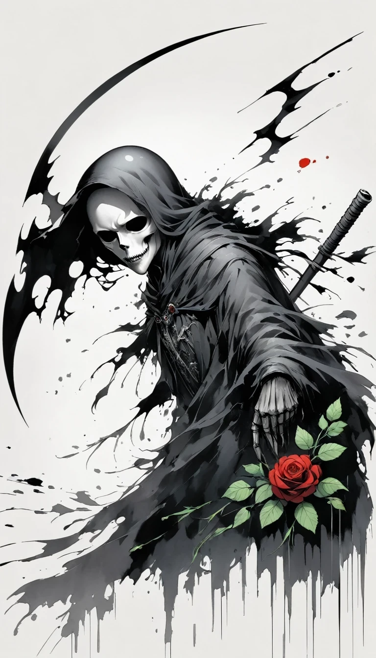 (Anime line drawing:1.5),grim Reaper,(Black and White:1.45),Minimalism,(Line Art:1.6),sketch,charcoal drawing,Black Grim Reaper,Rose,Ominous Red,Blood splatter