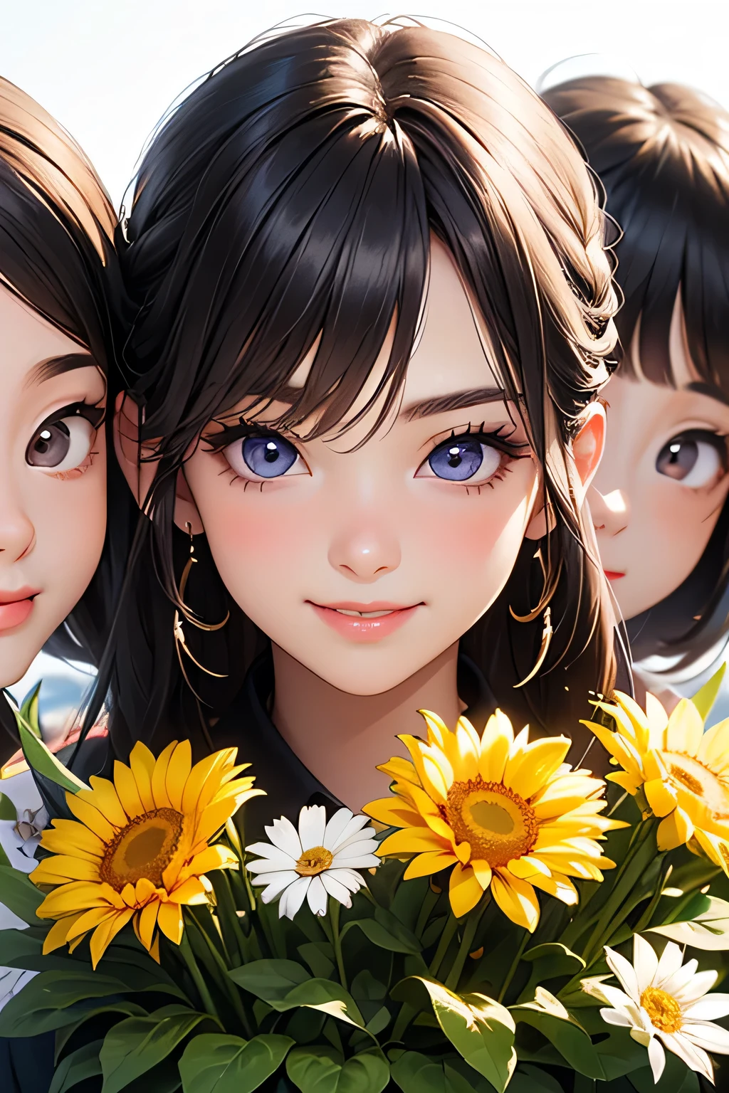 highest quality、High resolution、Detailed Background、(Beautiful face in every detail:1.4)、Anatomically correct、(Draw the usual number of fingers:1.2)、(Detailed facial expressions)、(Detailed eyes:1.2)、(Detailed eyes:1.2)、Beautiful, smooth skin、Teenage beauty、(Highly detailed face:1.4)、cute hair color、Braided Ponytail、Braided bob cut、cute hairstyle、well-groomed eyebrows、Cute gestures、Fits in one screen、

(Three beautiful girls having fun together with big smiles:1.5)、

At the Flower Camp you can pick your own flowers and enjoy them.、
Participants can explore the flower fields and gardens and pick their favorite flowers in areas permitted at the campground or flower fields.、
You can touch fresh flowers and enjoy their beauty and fragrance.、
Flower camps sometimes include flower arranging experiences.、
Participants can create their own original flower arrangements using flowers they picked themselves or the floral materials provided.、
Enjoy the fun of arranging flowers according to your own taste and sensibility.、cute