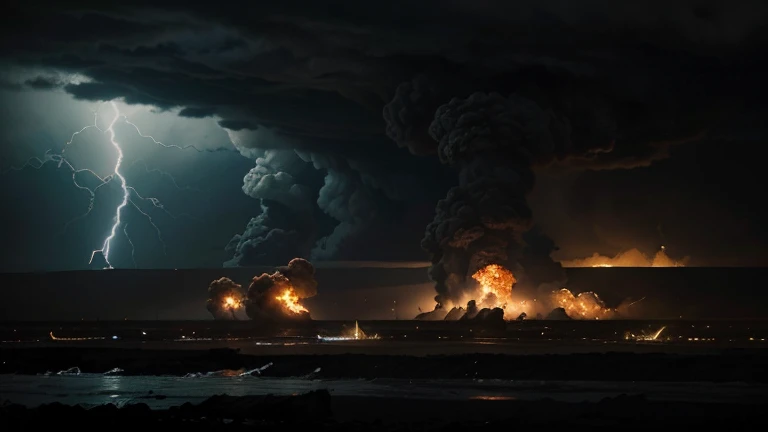 "A dramatic and chaotic scene depicting the period of the Great Tribulation as described in the Book of Revelation. The landscape is apocalyptic, with dark, stormy skies filled with ominous clouds and flashes of lightning. The ground is cracked and barren, littered with debris and ruins of once-thriving cities. People are shown in various states of distress and despair, with some crying out, others hiding, and many seeking refuge. Amid the chaos, there are signs of the Four Horsemen of the Apocalypse—war, famine, pestilence, and death—riding through the devastation, symbolizing the widespread suffering and destruction. The atmosphere is filled with a sense of fear, turmoil, and hopelessness, capturing the essence of the Great Tribulation. The image size is 16:9, providing a widescreen view of the entire scene, emphasizing the scale and intensity of the moment."
