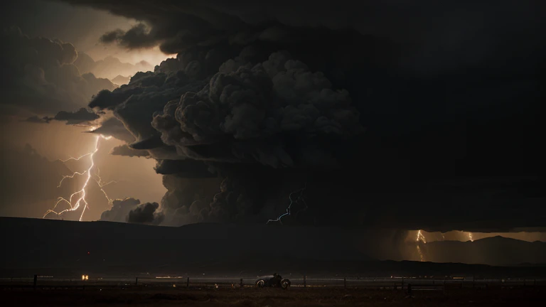 "A dramatic and chaotic scene depicting the period of the Great Tribulation as described in the Book of Revelation. The landscape is apocalyptic, with dark, stormy skies filled with ominous clouds and flashes of lightning. The ground is cracked and barren, littered with debris and ruins of once-thriving cities. People are shown in various states of distress and despair, with some crying out, others hiding, and many seeking refuge. Amid the chaos, there are signs of the Four Horsemen of the Apocalypse—war, famine, pestilence, and death—riding through the devastation, symbolizing the widespread suffering and destruction. The atmosphere is filled with a sense of fear, turmoil, and hopelessness, capturing the essence of the Great Tribulation. The image size is 16:9, providing a widescreen view of the entire scene, emphasizing the scale and intensity of the moment."