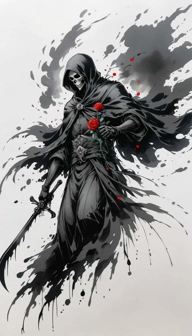 (Anime line drawing:1.5),grim Reaper,(Black and White:1.45),Minimalism,(Line Art:1.6),sketch,charcoal drawing,Black Grim Reaper,Rose,Ominous Red,Blood splatter
