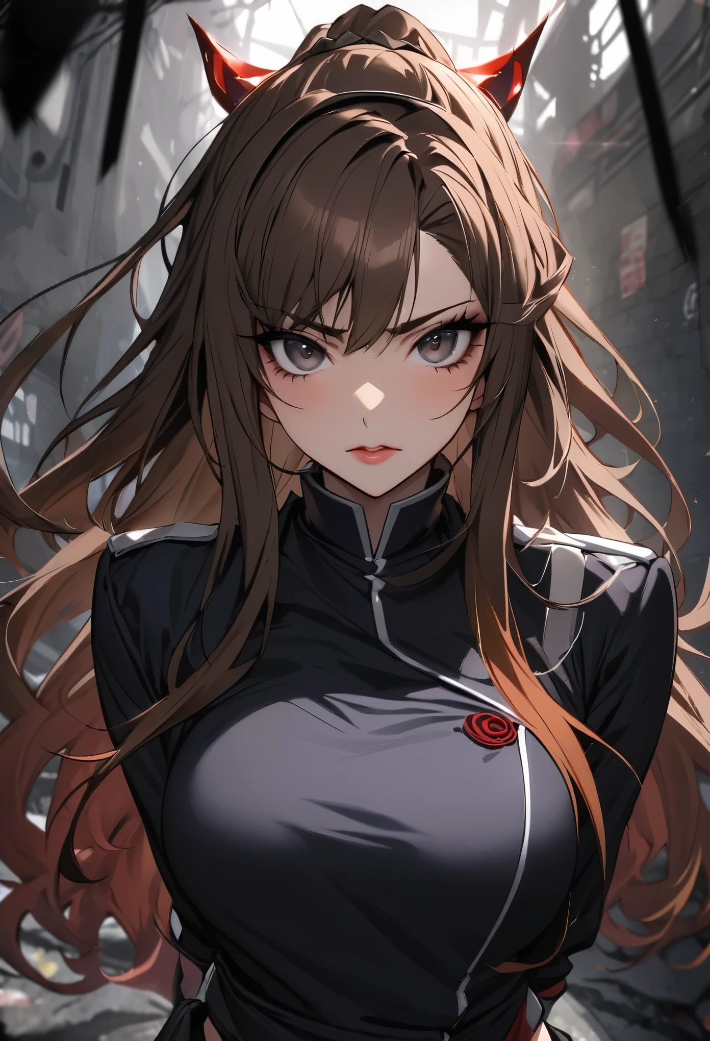 ultra detallado, high resolution, absurdos, 18 year old girl , hermosa , medium long brown hair , dark gray eyes , con uniforme de jujutsu Tech , tatuajes en el cuerpo