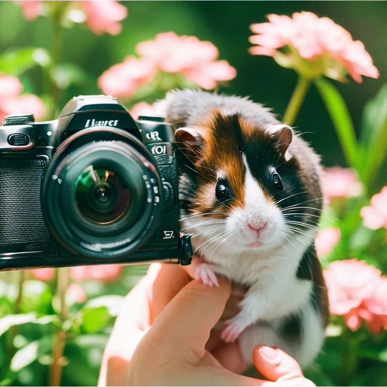 Photographer Hamster：A hamster taking pictures of beautiful flowers with a macro lens。
