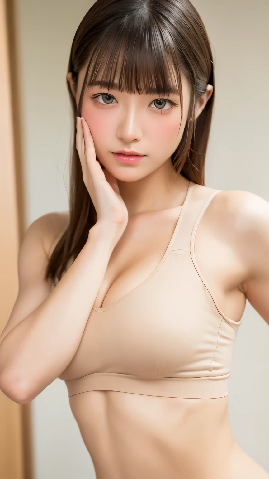 see through,Beautiful and fair、Radiant Skin, 3 Up, Gorgeous, bright, Refreshing and gentle expression, Perfect beautiful face、Beautiful shiny bangs, A very beautiful 17 year old girl, Eyeliner, Very perfect eyes,Very large breasts,Grooves reveal original skin,Muscular body,Light Khaki Yoga Wear,