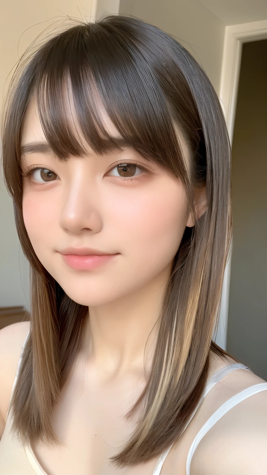 see through,Beautiful and fair、Radiant Skin, 3 Up, Gorgeous, bright, Refreshing and gentle expression, Perfect beautiful face、Beautiful shiny bangs, A very beautiful 17 year old girl, Eyeliner, Very perfect eyes,Very large breasts,Grooves reveal original skin,Muscular body,Light Khaki Yoga Wear,