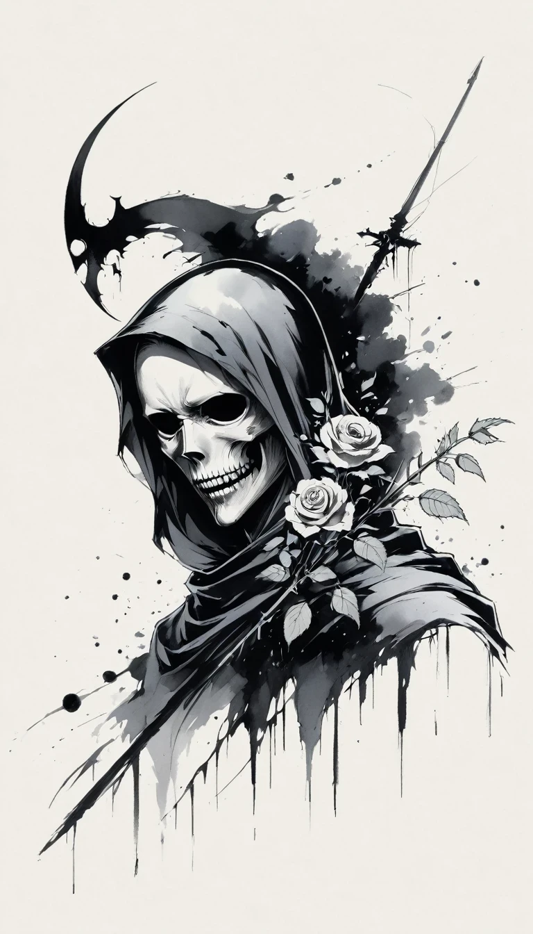 (Anime line drawing:1.5),grim Reaper,(Black and White:1.45),Minimalism,(Line Art:1.6),sketch,charcoal drawing,Black Grim Reaper,Rose,Ominous Red,Blood splatter