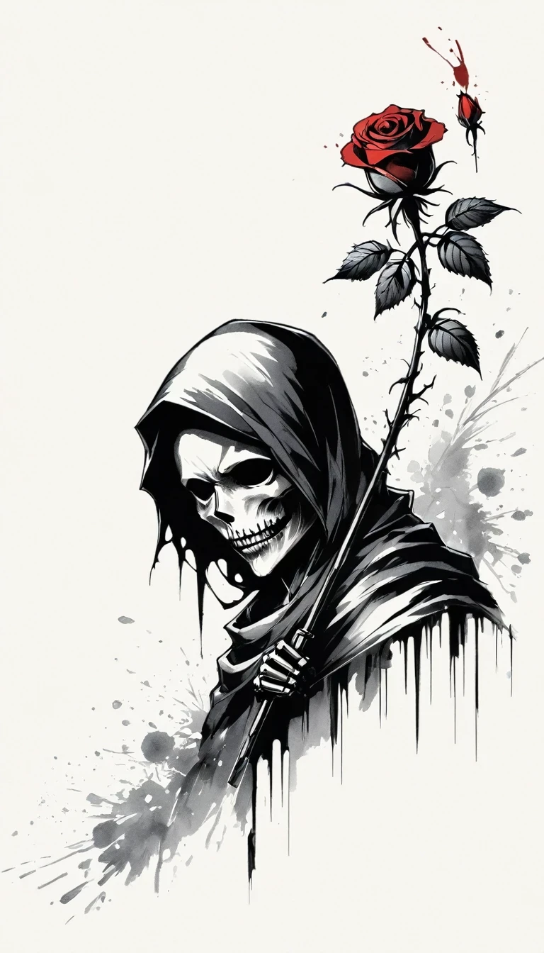 (Anime line drawing:1.5)，grim Reaper，(Black and White:1.45)，Minimalism，(Line Art:1.6)，sketch，charcoal drawing，Black Grim Reaper，Rose，Ominous Red，Blood splatter