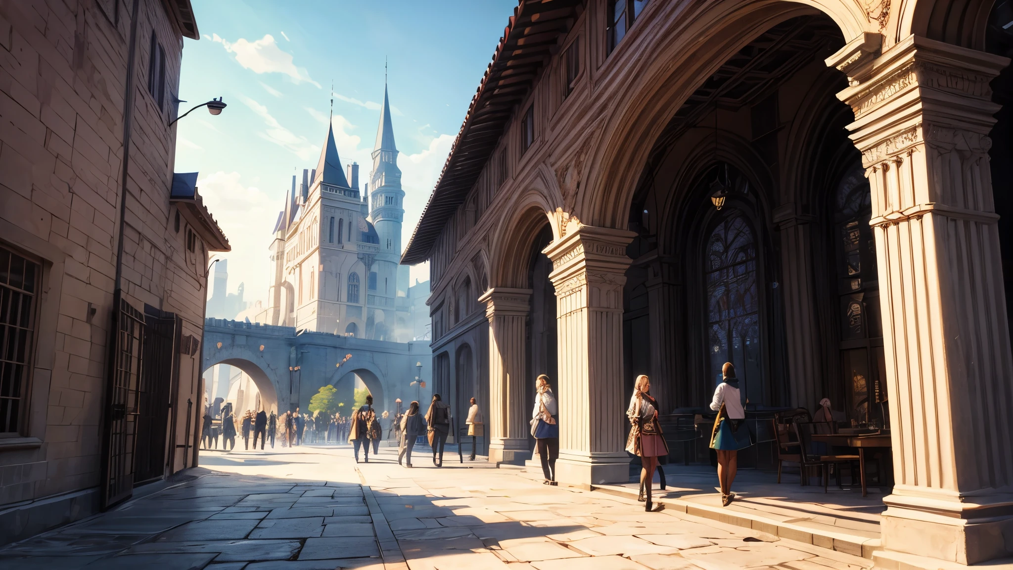 masterpiece, best quality, hyper detailed, beautiful, Full-HD, animation, castle town, fantasy, people coming and going