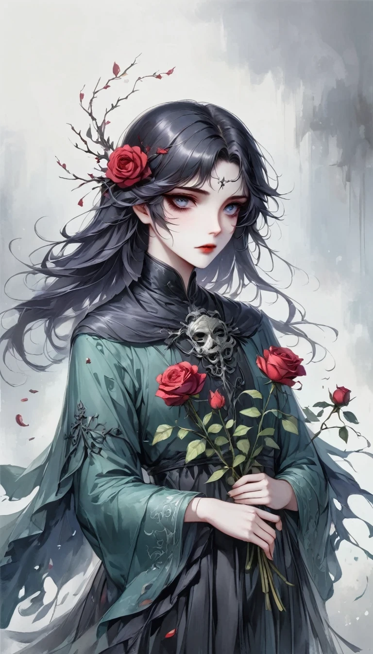 The Grim Reaper holding Wilted roses,Gloomy eyes, Heqiang,Wilted roses,Wilted flowers