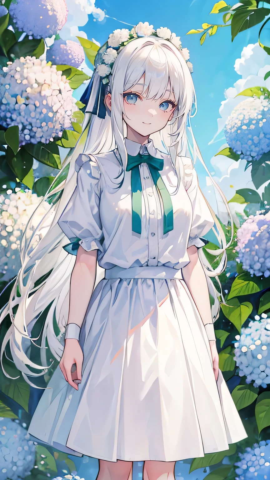 white hair,long hair,Bangs,Bangs neatly,Green hairband,Gray eyes,girl,Lovely,Smiling expression,Happy and happy expression,White shirt,skirt,Standing on the ground,Eight,whole body,Don't show your arms,Hydrangea in the background,Lots of hydrangeas,Blue sky and white clouds