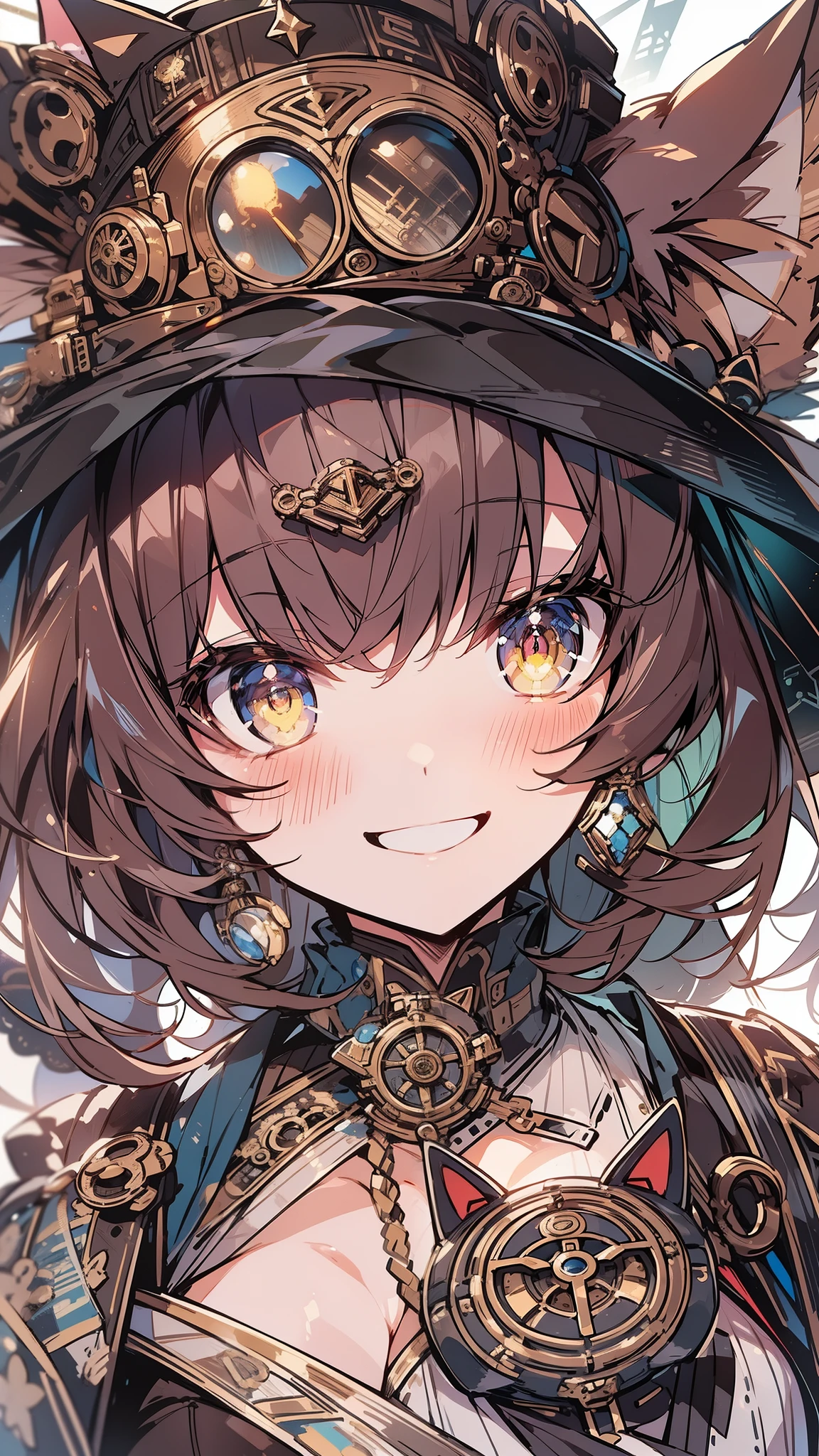 (masterpiece:1.2),(anime),(Close-up:1.2)、(Steampunk Background),One Girl、1 cat,(With cats),(Bullish girl),(Smile)