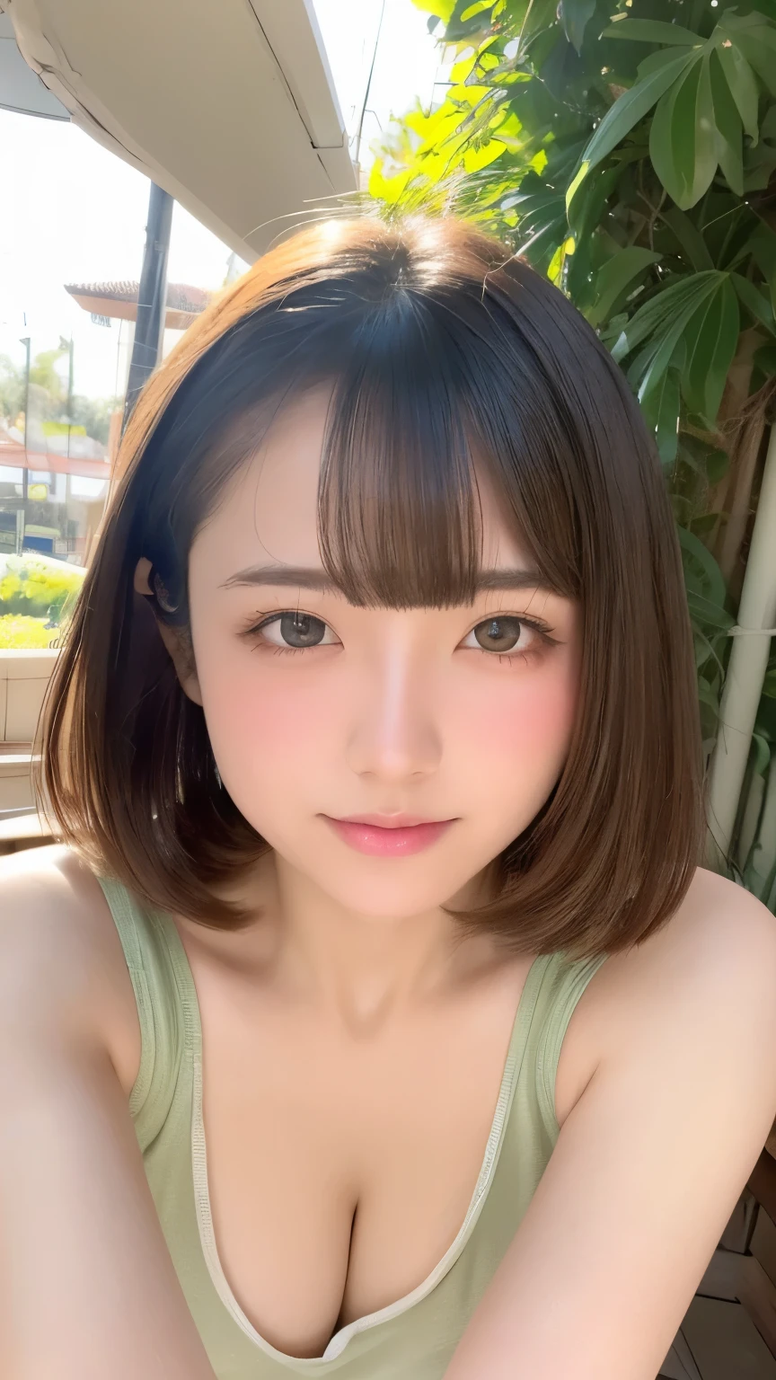 see through，Beautiful and fair、Radiant Skin, 3 Up, Gorgeous, bright, Refreshing and gentle expression, Perfect beautiful face、Beautiful shiny bangs, A very beautiful  girl, Eyeliner, Very perfect eyes，Very large breasts，Grooves reveal original skin，Muscular body，Light Khaki Yoga Wear，