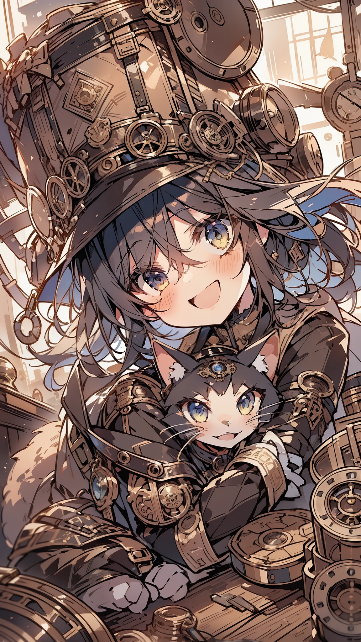 (masterpiece:1.2),(anime),(Close-up:1.2)、(Steampunk Background),One Girl、1 cat,(With cats),(Bullish girl),(Smile)