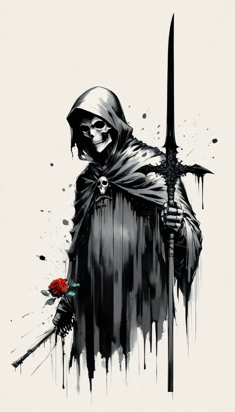 (Anime line drawing:1.5),grim Reaper,(Black and White:1.45),Minimalism,(Line Art:1.6),sketch,charcoal drawing,Black Grim Reaper,Rose,Ominous Red,Blood splatter