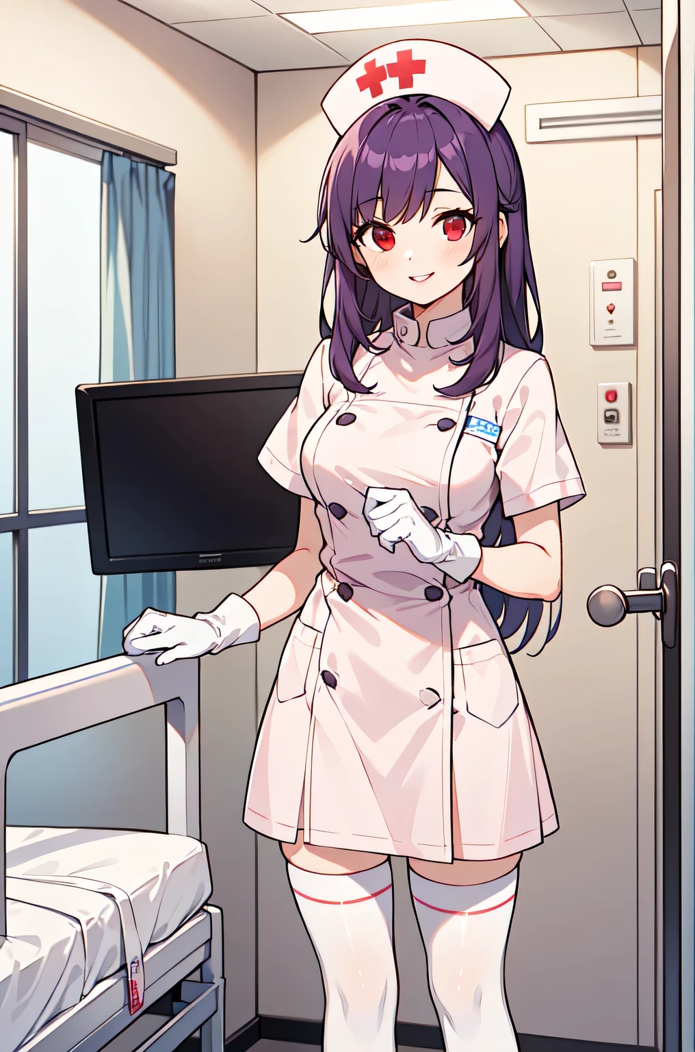 1woman, solo, nurse, white nurse cap, white nurse uniform, ((white legwear, zettai ryouiki)), white gloves, long hair, purple hair, red eyes, pink lips, smile, standing, ((hospital room)), sharp outline, short sleeves, mature female, 35 years old, best quality, masterpiece