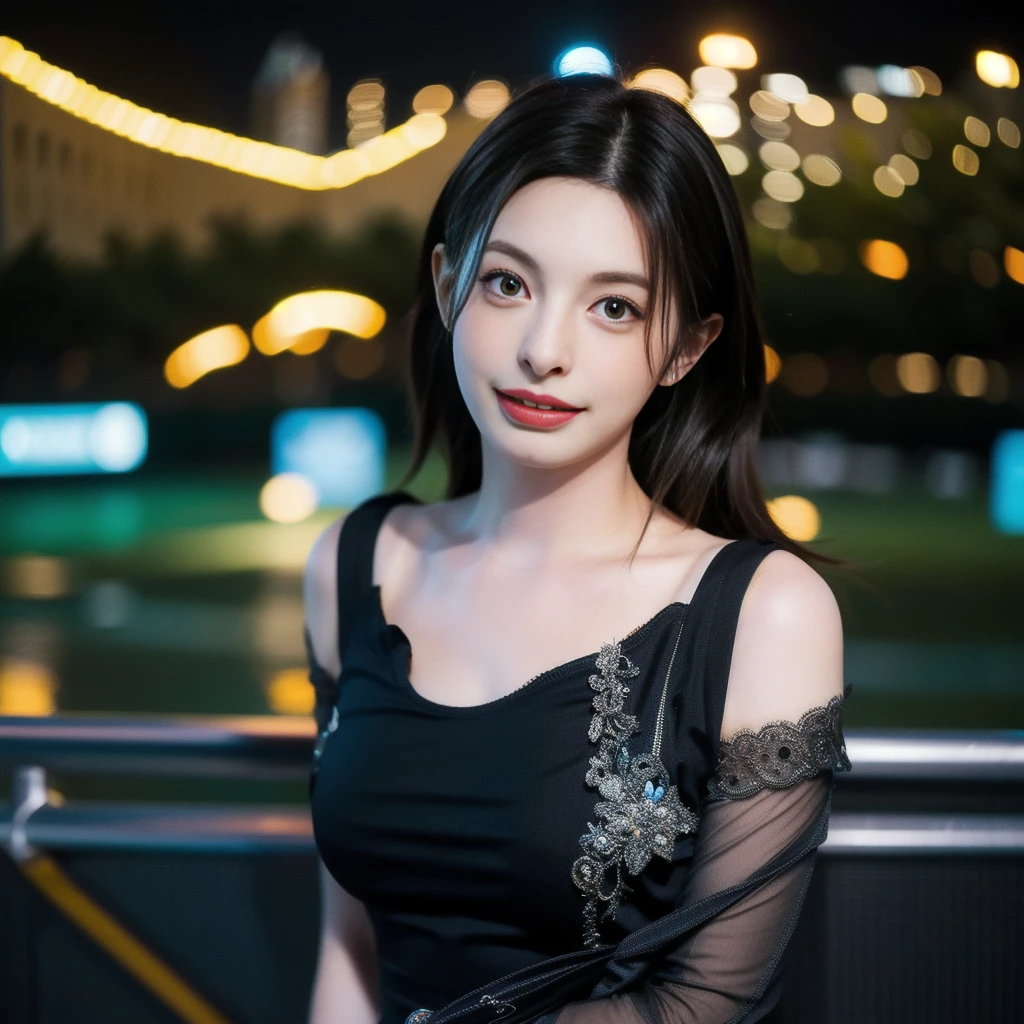 masterpiece, best quality, ultra realistic photograph, 16K, (HDR), high resolution, female_solo, ((quite a bit body, )), nice_cleavage, beautiful hourglass body, nice slender legs, looking at viewer, big eyes, ((the luxurious prettiest Korean girl in the world, Anne Hathaway mixed kim jiwon face, 24yo)), (smiling small eyed, random lower dresses), random stunning camera angle view, random perfectly camera lens, highly detailed background of random amazing stunning vibrant colorful city nightlife,
