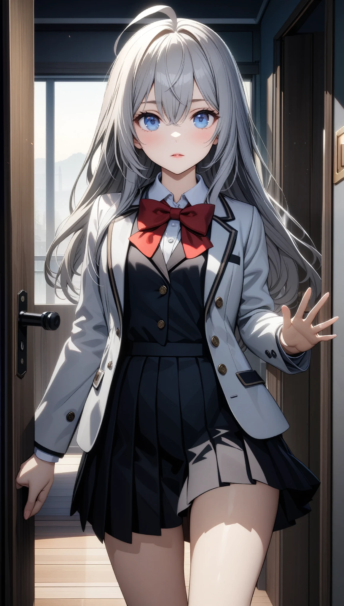 32k, best quality, ultra high res, HDR, UHD, extremely detailed CG, unity 32k wallpaper, Aria, One girl, alone, Long Hair, blue eyes, Ahoge, bow, View Viewer, red bow, Jacket, bowtie, Long sleeve, chest, shirt, open Jacket, red bowtie, door, Cowboy Shot, collared shirt, indoors, , Gray Hair, Are standing, Open clothes, skirt, bangs, dress, grey Jacket, black dress, blush, pleated skirt, Lips parted, medium chest, pleated dress, white shirt, Hair between the eyes, white Jacket, Raise your hand, blazer, black skirt, Thighs, open door, corridor, 