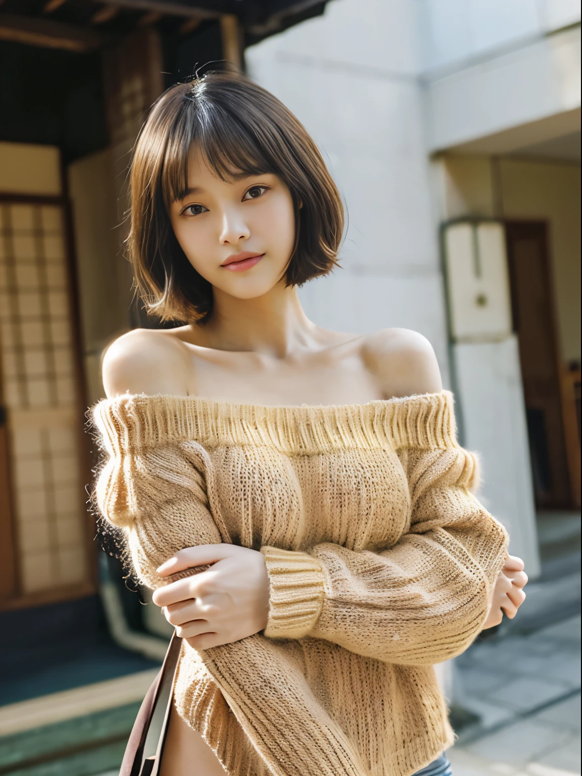 (top-quality、8K、masterpiece:1.2), (Cute Japan Beautiful Girl、18year old:1.4)、(Neat and beautiful face、the golden ratio:1.5)、 (Very fine eye definition, Symmetrical eyes:1.3), (Brown eyes, Parted bangs, Lustrous black hair:1.2)、(Perfect body without contradiction、Perfect limbs without contradiction:1.7)、(shinny skin:1.2)、(Beautiful large breast:1.7)、(Constricted waist:1.5)、(Off-the-shoulder loose knit、tight miniskirt:1.3) 、(bending forward:1.2)、(Looking at the camera:1.4)、outside of house、the wind、optic、blurry backround