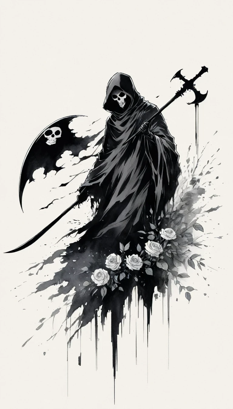 (Anime line drawing:1.5),grim Reaper,(Black and White:1.45),Minimalism,(Line Art:1.6),sketch,charcoal drawing,Black Grim Reaper,Rose,Ominous Red,Blood splatter