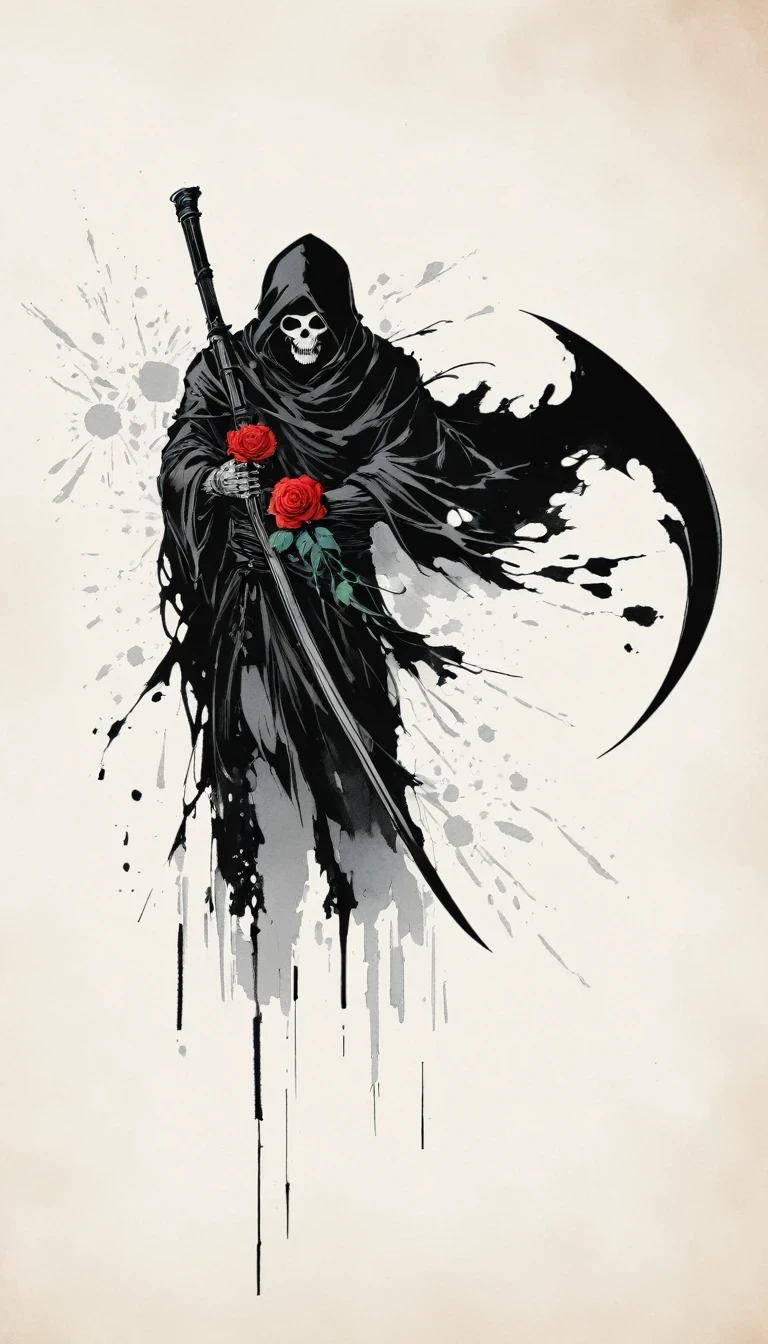 (Anime line drawing:1.5)，grim Reaper，(Black and White:1.45)，Minimalism，(Line Art:1.6)，sketch，charcoal drawing，Black Grim Reaper，Rose，Ominous Red，Blood splatter