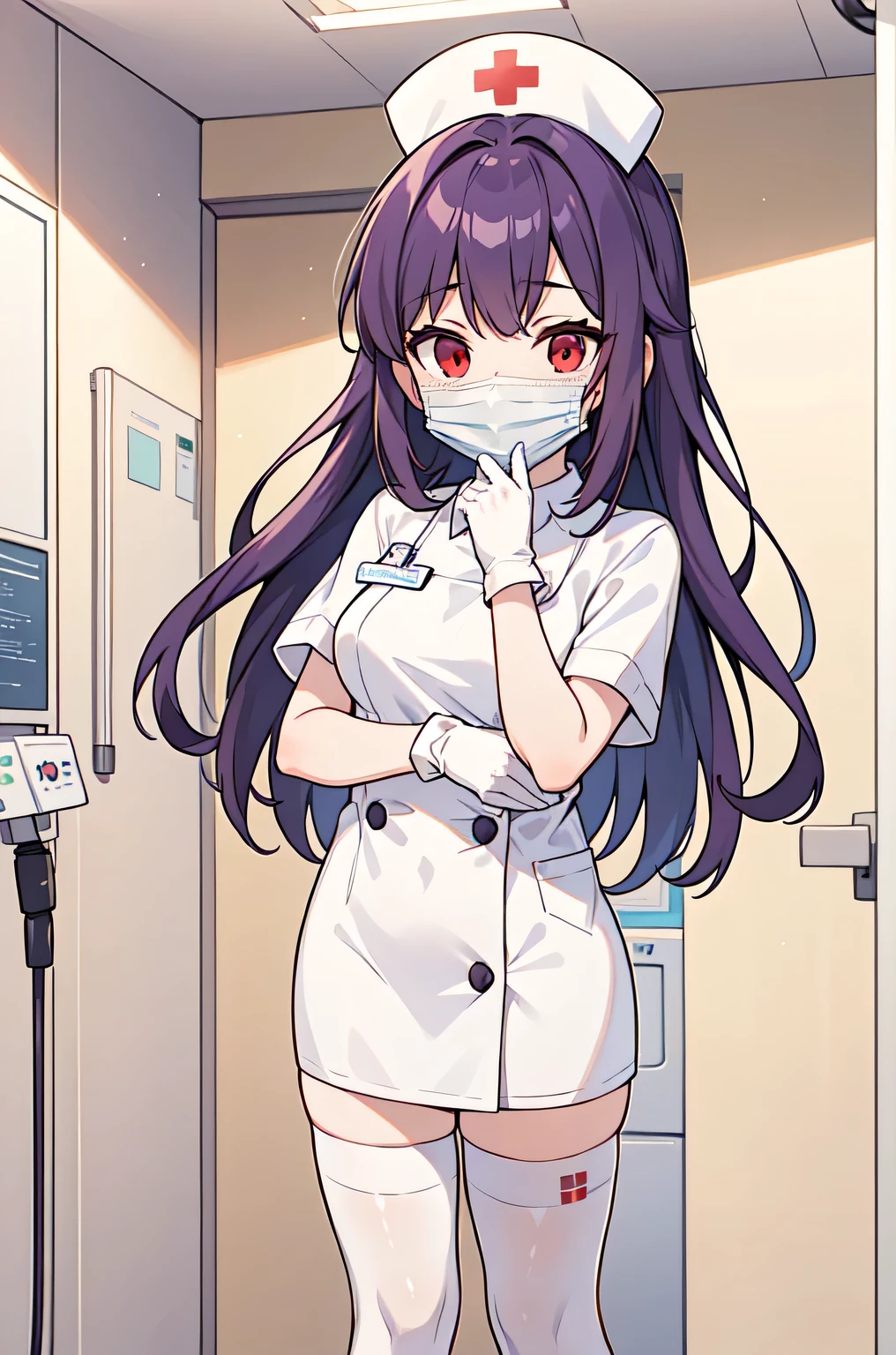 1woman, solo, nurse, white nurse cap, white nurse uniform, ((white legwear, zettai ryouiki)), white gloves, long hair, purple hair, red eyes, ((white surgical mask, covered nose)), standing, ((hospital room)), sharp outline, short sleeves, mature female, 35 years old, best quality, masterpiece