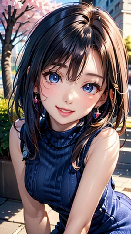 (((UHD)), ((highest quality)), ((masterpiece)), (Very detailed), (High resolution), (Beautiful detailed sparkle), (High detail), (Anatomically correct)), ((Realistic)), ((The best CG)), Ultra-detailed art, CG illustration, 8k, 1080P, Photorealistic:1.37, Anime 2D Rendering,
(((One Woman))),
(Symmetrical facial features:1.4, Perfect Face), Beautiful clavicle, (Beautiful fingers), (((Beautiful breasts, Small breasts))),
Beautiful body, Beautiful thighs, Beautiful feet, Perfect round butt, (((Detailed skin, Oily skin, Textured skin, Beautiful white skin:1.4))),
(((Baby Face, cute, 20-year-old))),
(Droopy eyes, Expression of fine eyes, Beautiful and delicate eyes, Sparkling eyes, Eye Reflexes, Dark blue eyes),
(Beautiful Nose,Thin Nose),
(Smaller mouth, Glossy Lips, Beautiful Lips, thick lips),
(Beautiful Hair, Shiny Hair, Shiny Hair), Hair fluttering, Red hair:1.4, Hair that hides one eye、short hair:1.4,
((Blue sleeveless high neck sweater dress:1.4)、Black Pantyhose:1.4、High heels)、 Earrings、
BREAK
(laughing、smile),
BREAK
(noon、(Cherry blossom trees:1.4、Sunlit park)), ((face close-up))