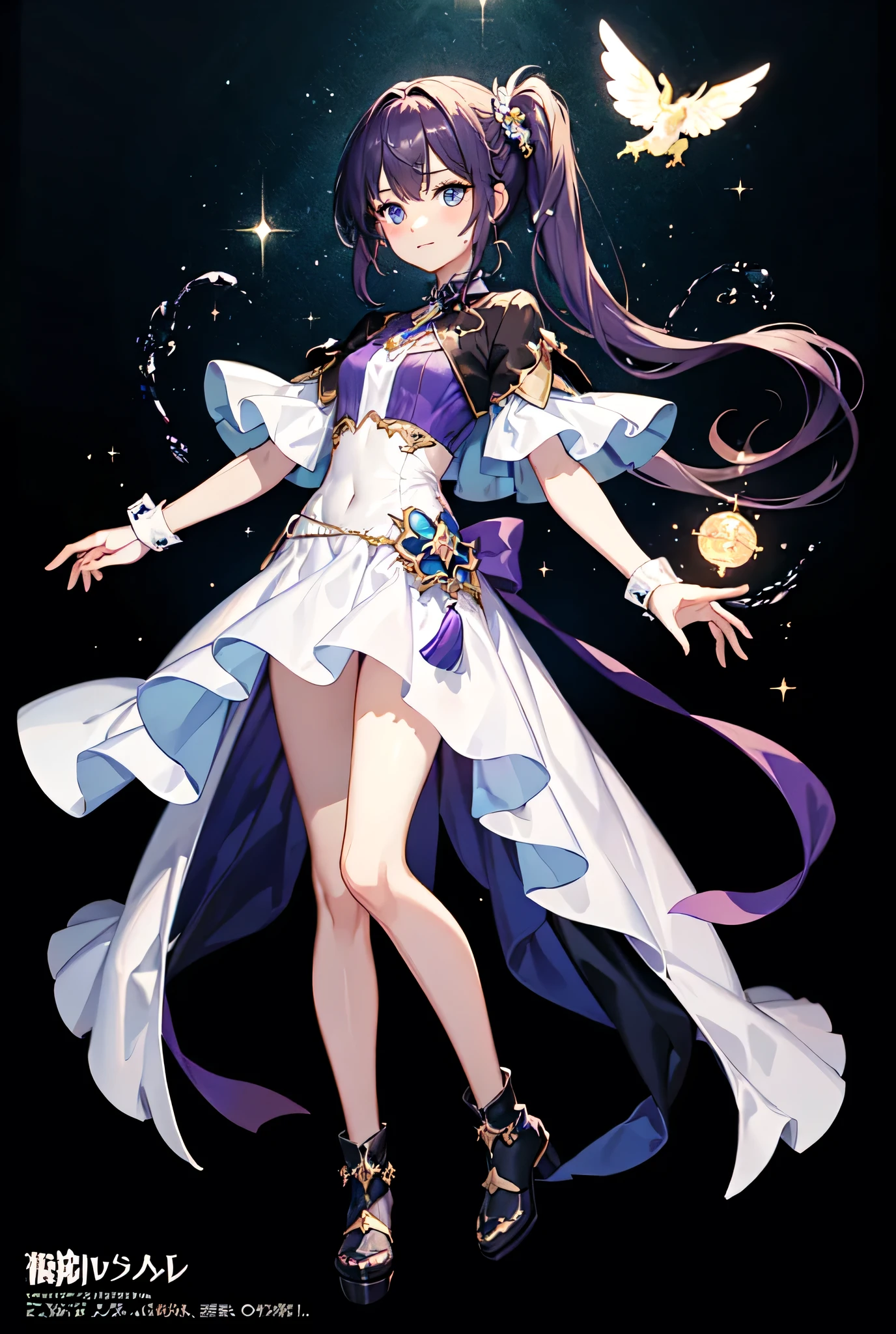 Close-up of a boy wearing a white crop top dress with a jewelry brooch、Official artwork、He has long cyan-purple hair、Boy with long purple hair、Blue Eyed Boy、Side Ponytail、Long legs、solo、Blue mini skirt、Black knee socks、Blue Boots、short puff sleeves、white panty、Blue wrist cuffs、Cool Magic Boy、Official character art、Splash art anime、style of Magic Boy、Full body close-up、Official Fan Art、Anime Moe Art Style、Happy!!!、!!Full body portrait!!、Official character illustration、sparkling Magic Boy、Heavenly Aura、Sapphire Prince、Hymn to the King as a Prince、Magic Boy、Cowboy Shot、portrait of Magic Boy、a boy is a standing、looking at viewer、Blue&#39;s iconic character、