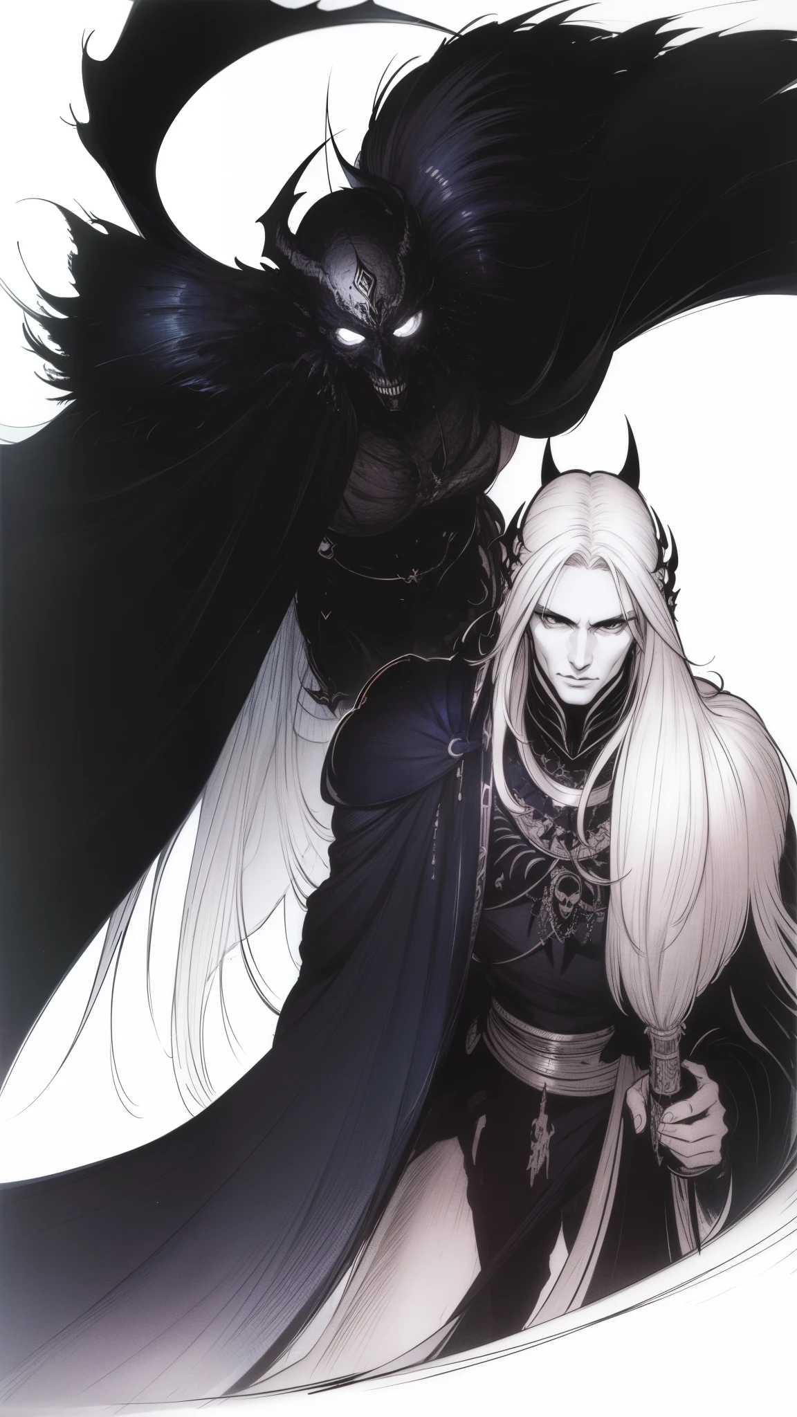 Black knight, white background, line drawing Drawing, light colors, holding sword, fantastic, woman 1 (white hair), black dragon coiled, sexy, De Pere Blanca, curly eyes, rough sketch, rough lines, lively pose, beautiful black cape, Dracula, slender, nice black feathers, delicate touch lines, painterly, Lively pose, beautiful black cape, Dracula, slender, blue feathers, delicate touch, fine lines, clear face, black mechanical giant,, black cape, grim reaper, skull, bat, black dress, mysterious, mage