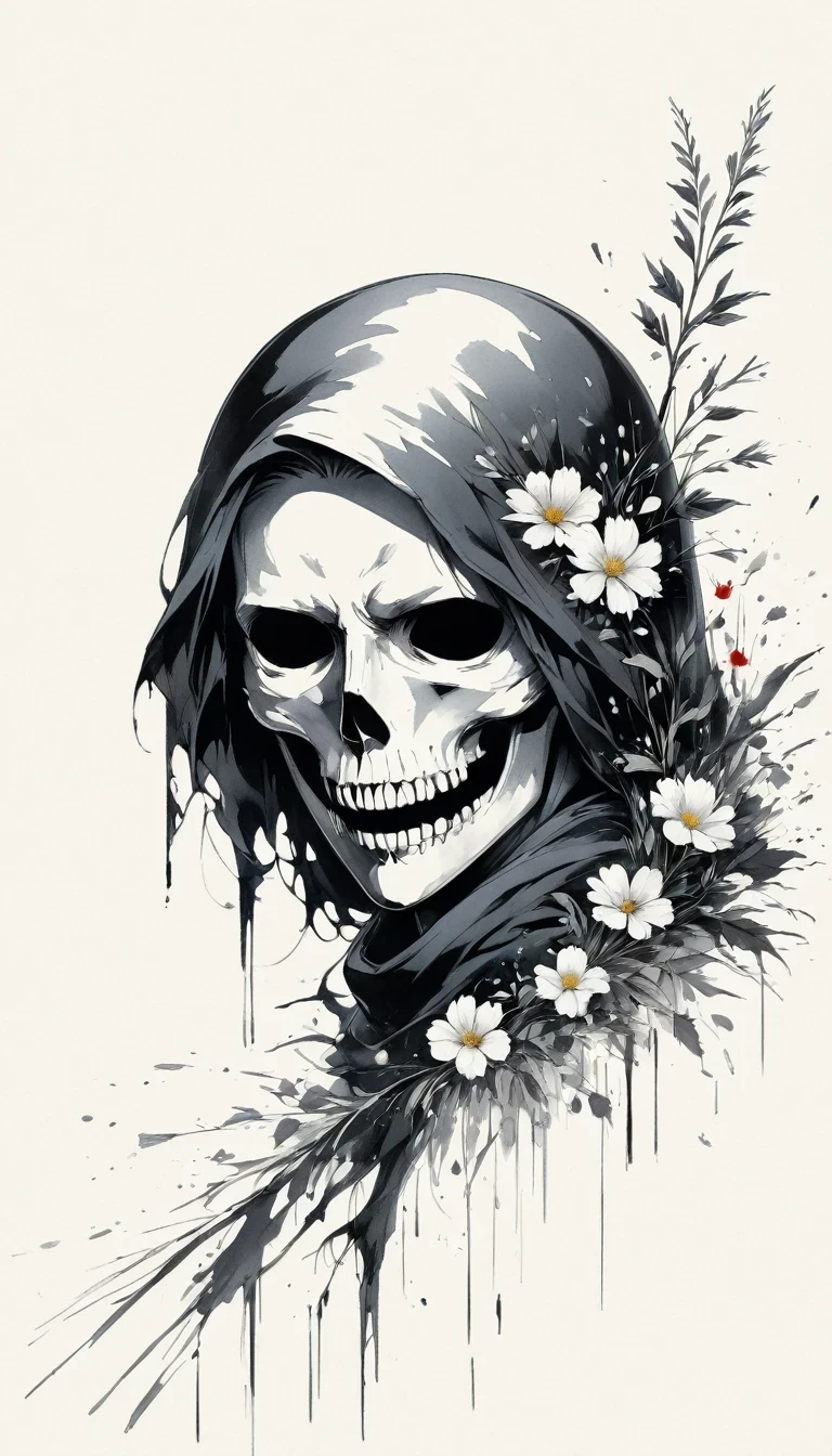 (Anime line drawing:1.5)，grim Reaper，(Black and White:1.45)，Minimalism，(Line Art:1.6)，sketch，charcoal drawing，Black Grim Reaper，flower，Ominous Red，Blood splatter