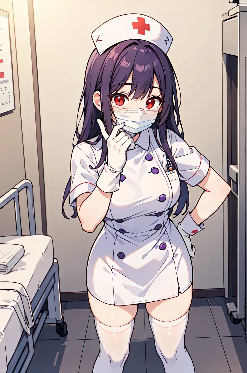 1woman, solo, nurse, white nurse cap, white nurse uniform, ((white legwear, zettai ryouiki)), white gloves, long hair, purple hair, red eyes, ((white surgical mask, covered nose)), standing, ((hospital room)), sharp outline, short sleeves, mature female, 35 years old, best quality, masterpiece