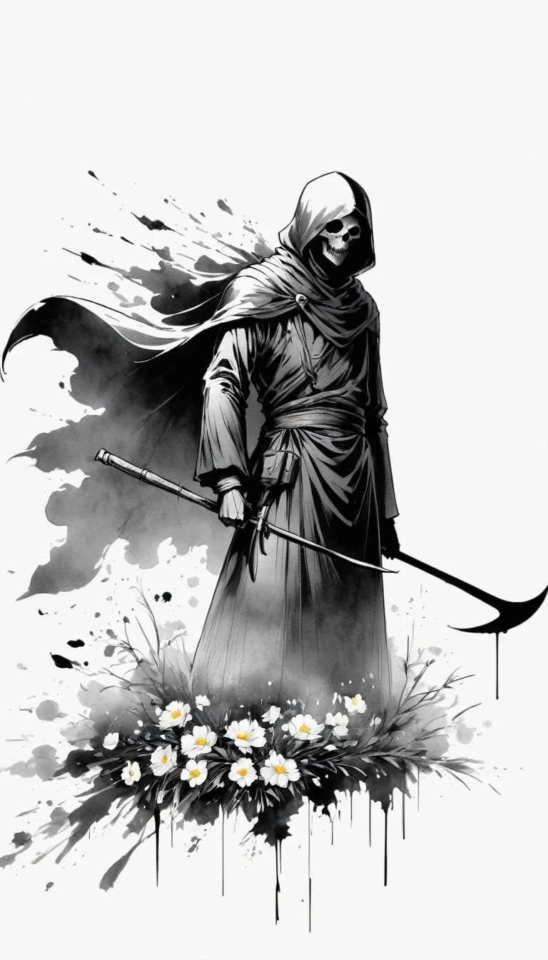 (Anime line drawing:1.5),grim Reaper,(Black and White:1.45),Minimalism,(Line Art:1.6),sketch,charcoal drawing,Black Grim Reaper,flower,Ominous Red,Blood splatter