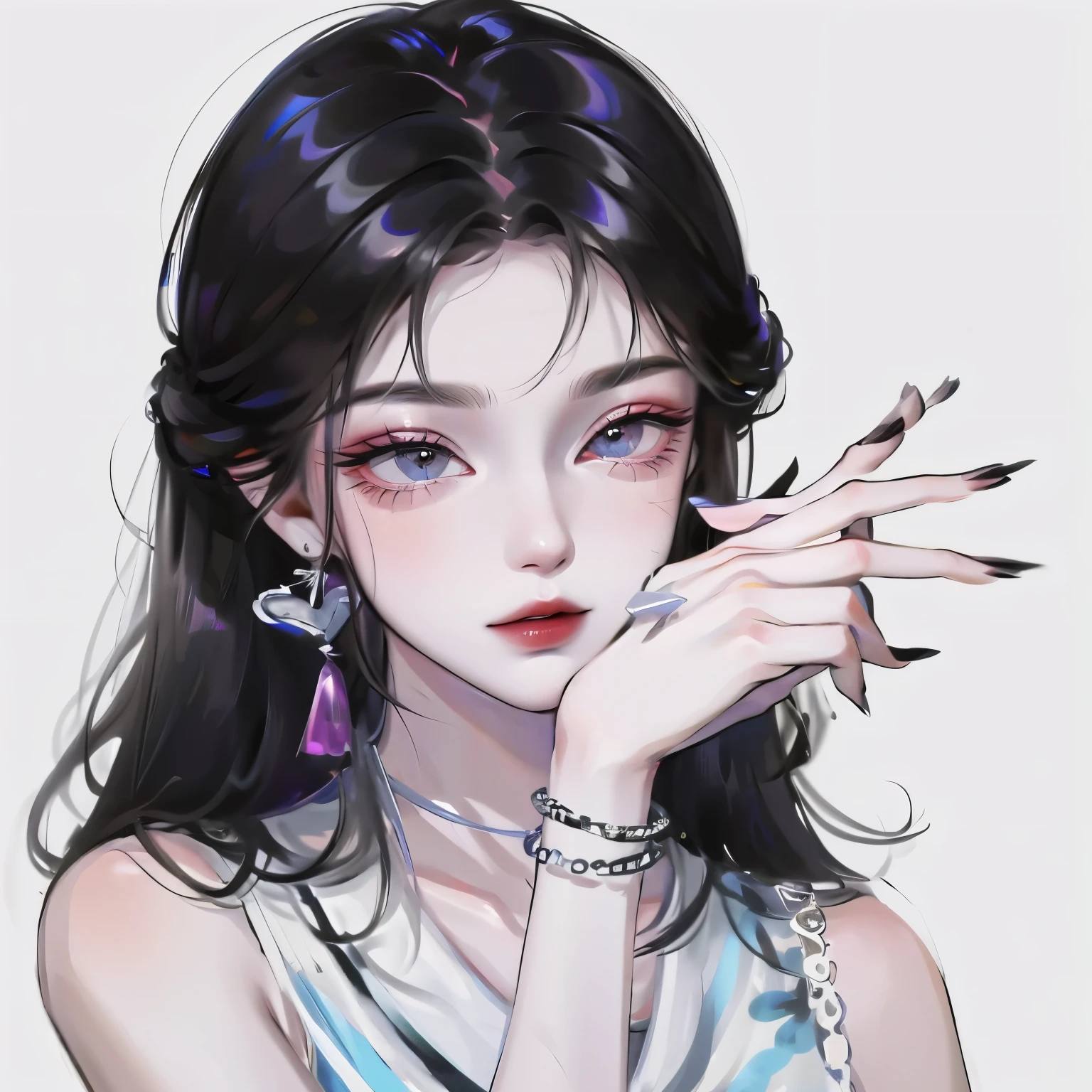 Pilion, Solitary, 1 Girl, 黑色nail, Jewelry,looking at the audience, Necklace, necklace, Put your hands on your face, punching, White background, Heart, Shut up, Gray eyes, nail油, Simple background, Black hair, ear punching, black Necklace, Smile, eyelash, Lips, Put your hand on your cheek, Bangs, bracelet, bead, gem, earrings, nail
