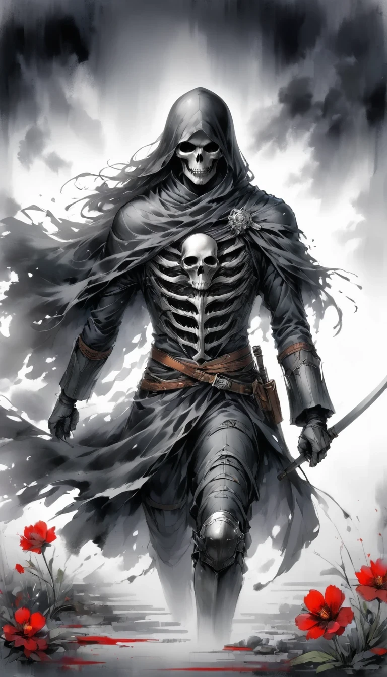 (Anime line drawing:1.5),grim Reaper,(Black and White:1.45),Minimalism,(Line Art:1.6),sketch,charcoal drawing,Black Grim Reaper,flower,Ominous Red,Blood splatter