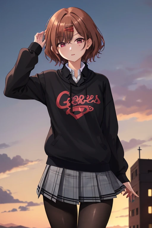 best quality, highres, 1girl, higuchi madoka, pantyhose, skirt, brown hair, mole under eye, mole, hair ornament, hairclip, pleated skirt, short hair,, long sleeves, bangs, sweater, miniskirt, black sweater, black pantyhose, grey skirt, collared shirt, purple eyes, cowboy shot,