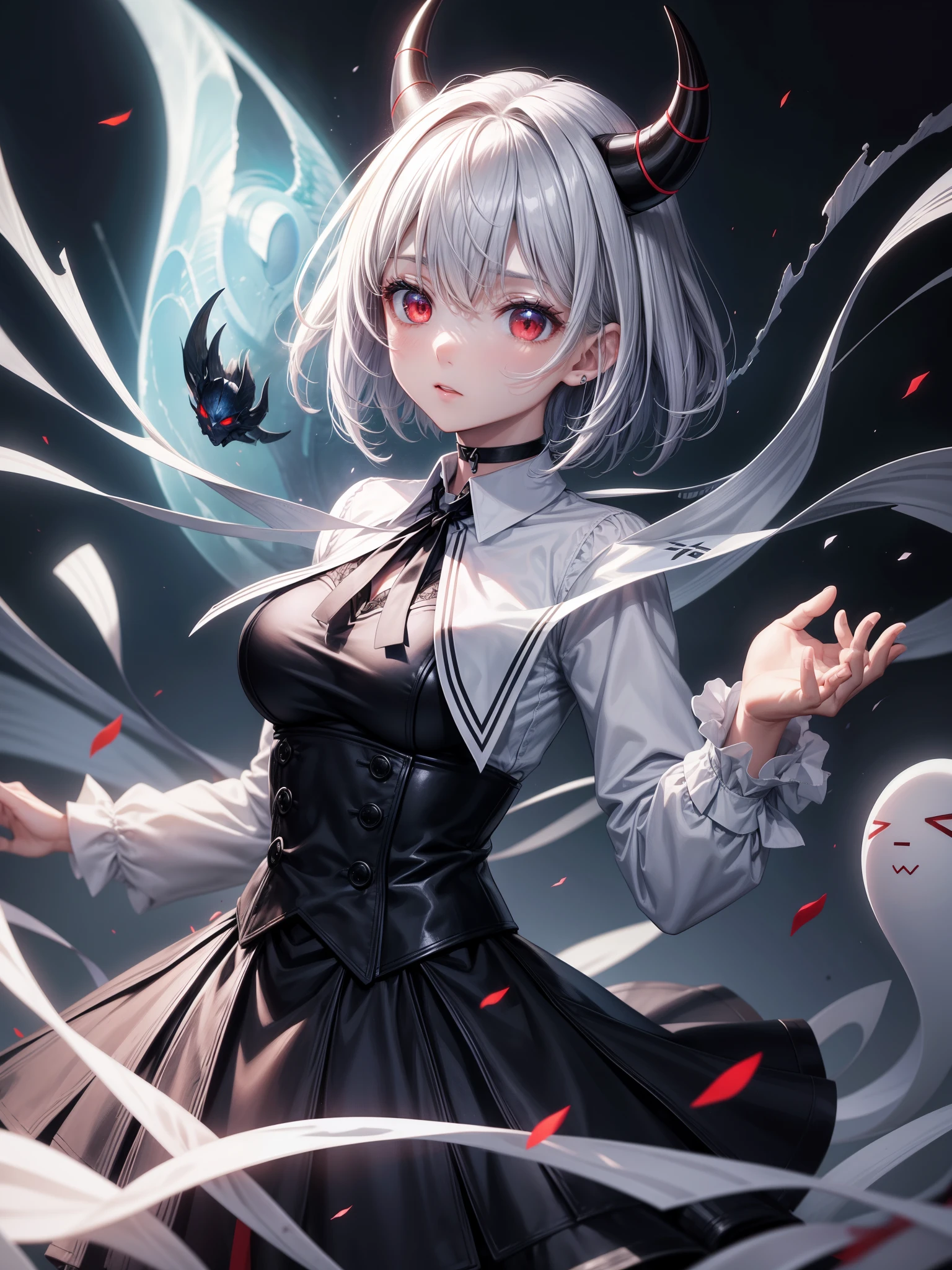General Awareness、Red eyes、Blue Skin、Gray Hair、short hair、horn、ghost、Black choker、Jacket、White collar shirt、black tie、Black Skirt、Medium breast、Score_9、Score_8_up、Score_7_up、Score_6_up、Score_5_up、Score_4_up、BREAK、発育途中の1 girl、highest quality、masterpiece、Super fine、high resolution、Good quality、1 girl、(masterpiece、High resolution、Super fine、8K、16K)、View the viewer