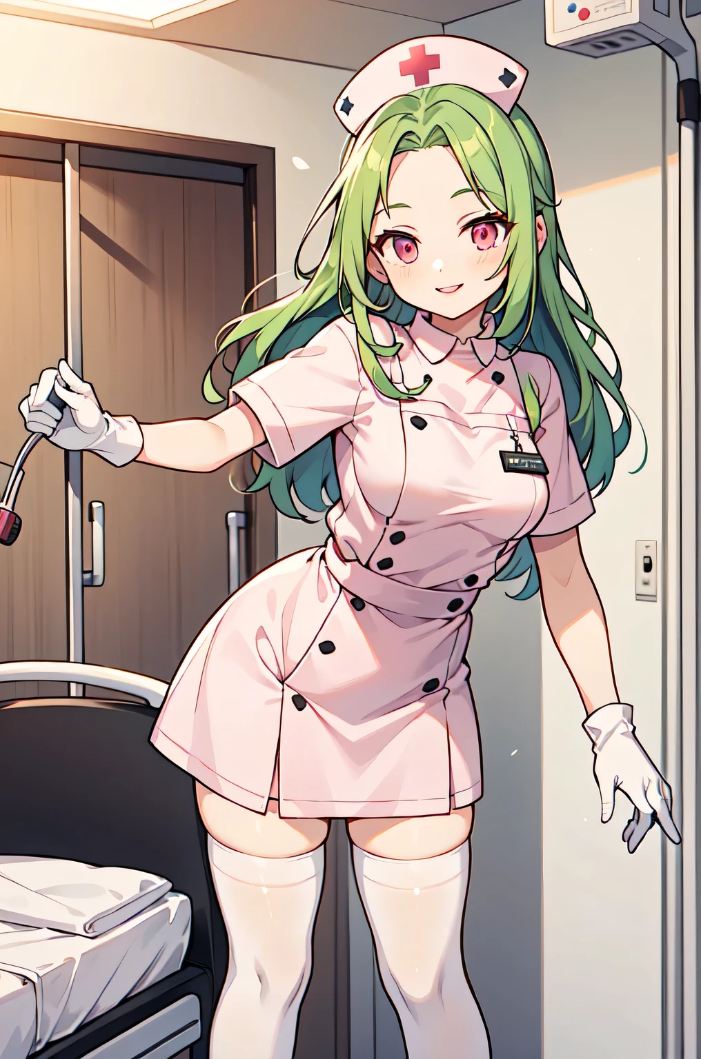 1woman, solo, nurse, white nurse cap, white nurse uniform, ((white legwear, zettai ryouiki)), white gloves, forehead, long hair, green hair, pink eyes, pink lips, smile, standing, ((hospital room)), sharp outline, short sleeves, mature female, 35 years old, best quality, masterpiece