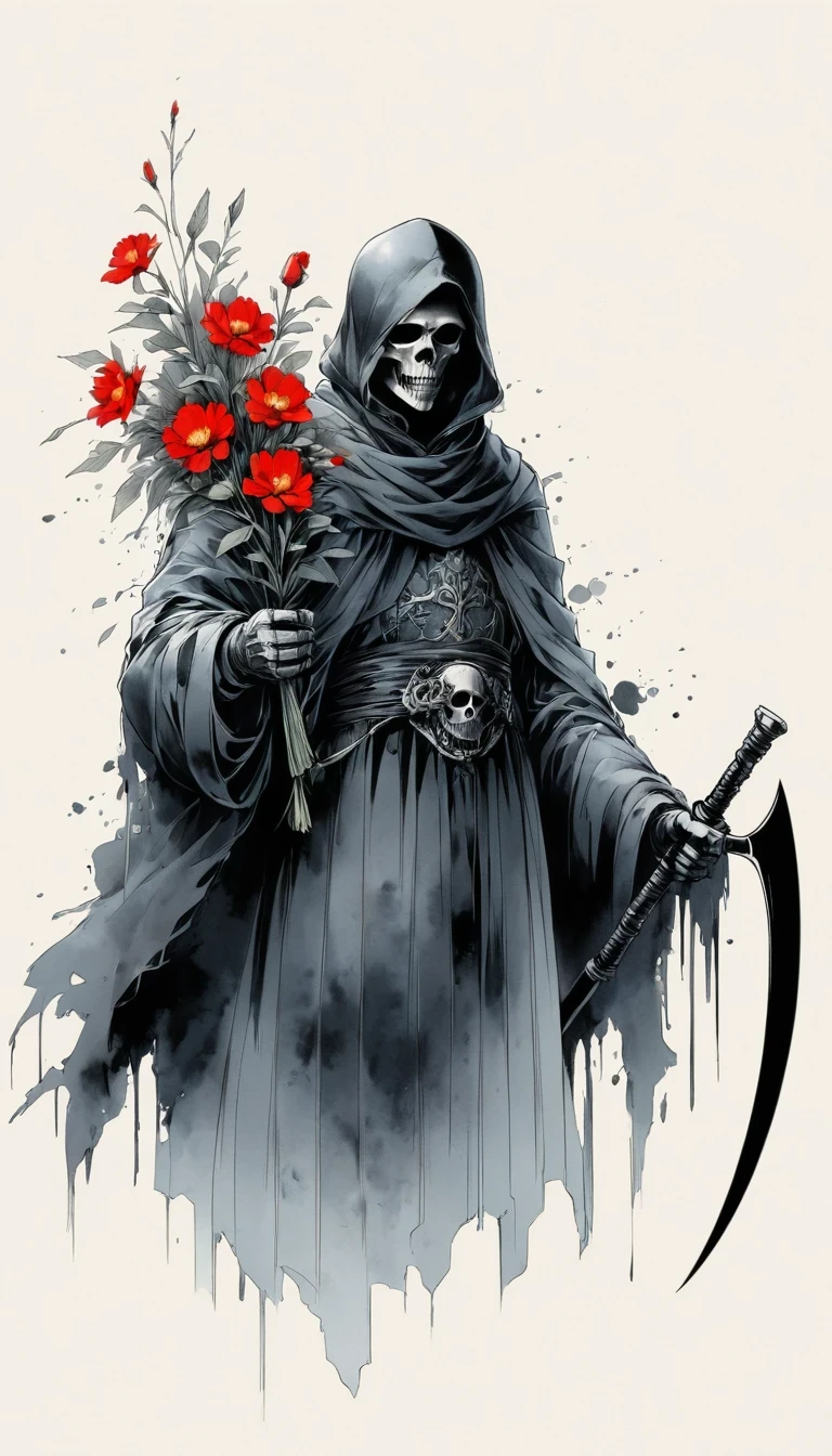 (Anime line drawing:1.5)，grim Reaper，(Black and White:1.45)，Minimalism，(Line Art:1.6)，sketch，charcoal drawing，Black Grim Reaper，flower，Ominous Red，Blood splatter