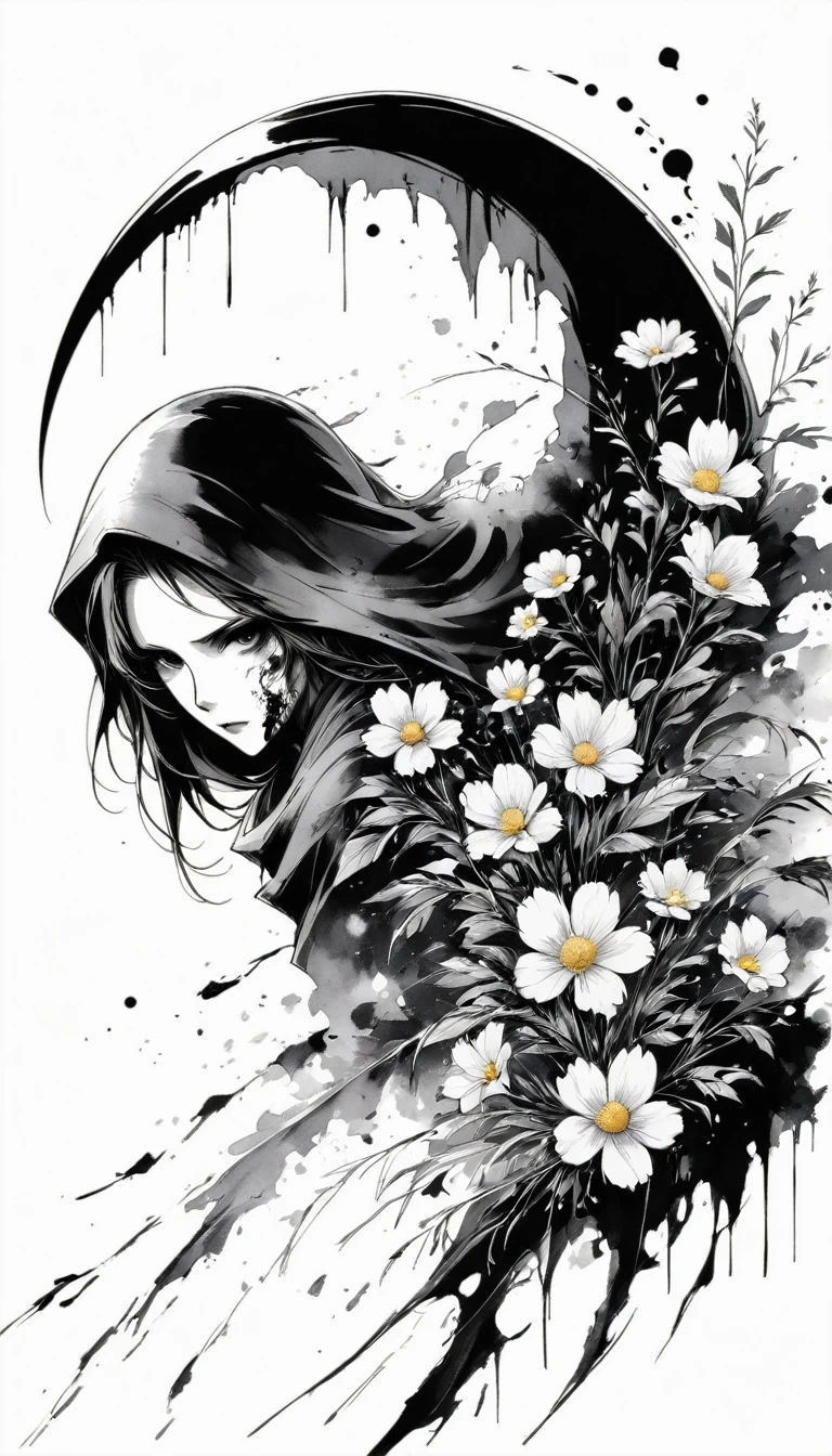 (Anime line drawing:1.5),grim Reaper,(Black and White:1.45),Minimalism,(Line Art:1.6),sketch,charcoal drawing,Black Grim Reaper,flower,Ominous Red,Blood splatter
