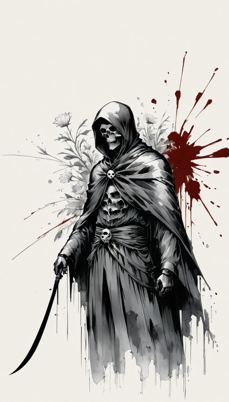 (Anime line drawing:1.5),grim Reaper,(Black and White:1.45),Minimalism,(Line Art:1.6),sketch,charcoal drawing,Black Grim Reaper,flower,Ominous Red,Blood splatter